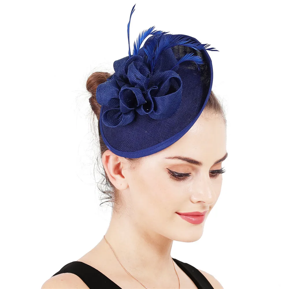 

Elegant Flower Mesh Fascinators Hat Bridal Royal Blue Feather Hair Accessories With Clips Fascinating Wedding Church Headwear