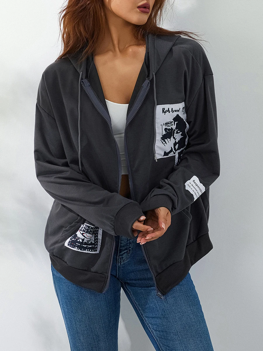 Stylish Women s Hooded Sweatshirt Featuring a Sleek Zipper Closure Trendy Letter Print Design and Relaxed Fit for Spring