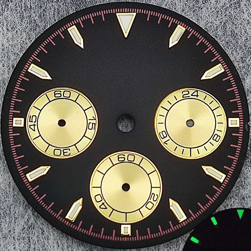 29.5mm Green Luminous Chronograph Dial with 6 Hands for Quartz Movement Watches