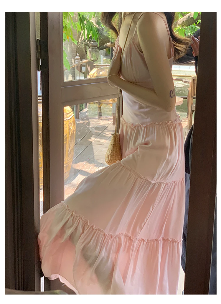 French Elegant Dresses for Women Solid Spaghetti Strap Summer New Ruffles A-line Casual Korean Chic Midi Vestidos Mujer