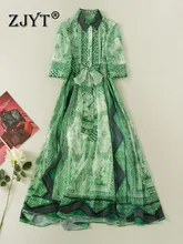 

ZJYT Fashion Runway Designer Spring Graphic Print Long Holiday Dresses for Women Elegant Sashes Aline Casual Green Vestidos Lady