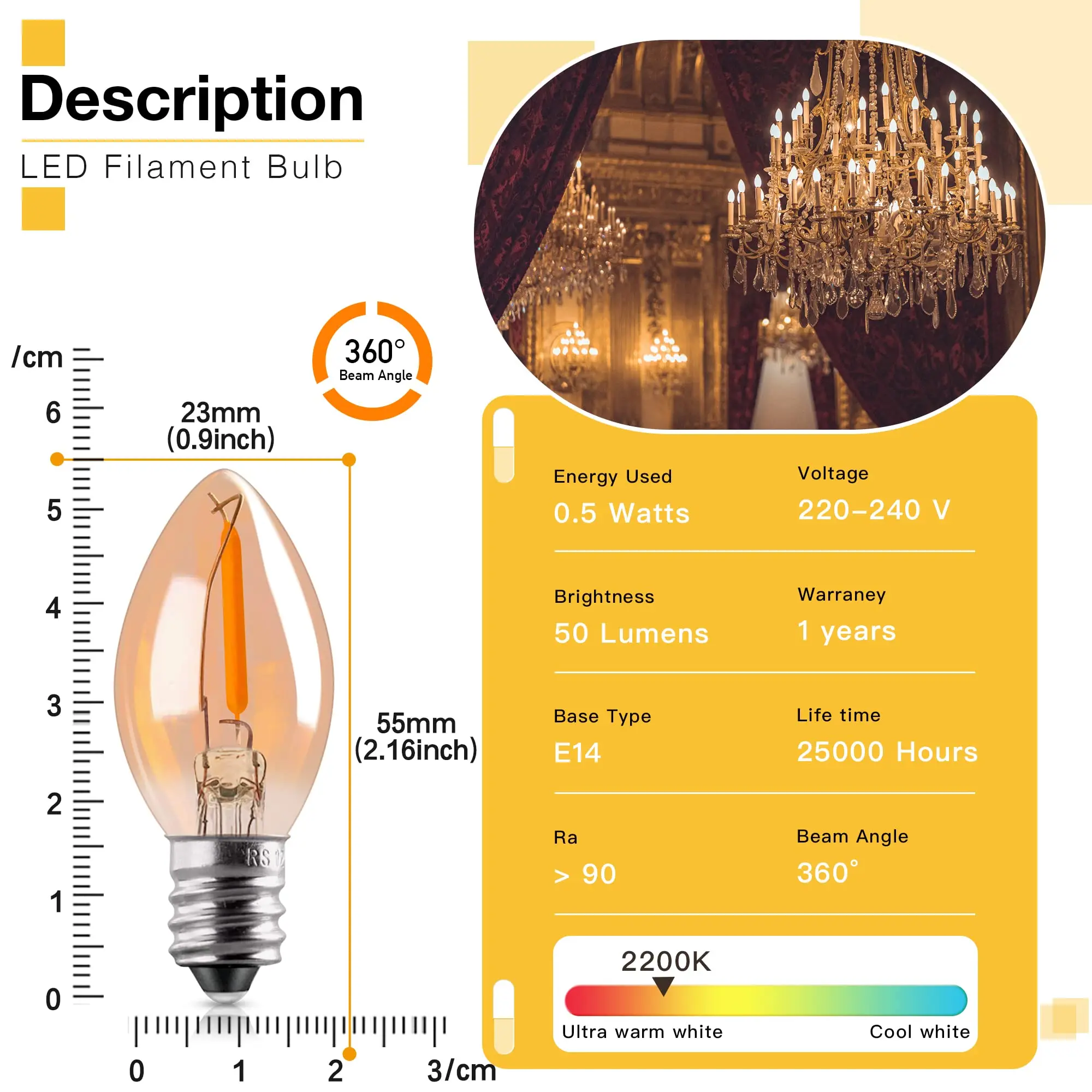 C7 LED 야간 조명 전구 E12 교체 LED 전구, 0.5W 앰버 유리, 따뜻한 흰색 2200K, 끈 조명 촛대 샹들리에