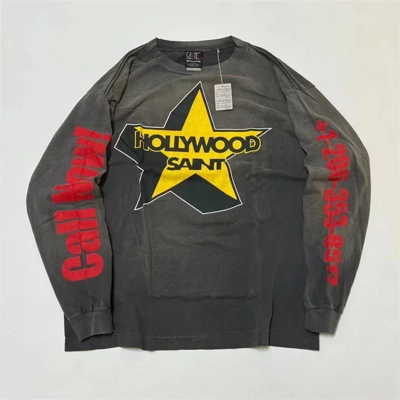 

Пуловер Saint Michael для мужчин и женщин, 1:1, высококачественные винтажные футболки оверсайз с длинным рукавом и эффектом потертости