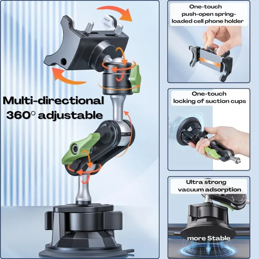 Suction Cup Phone Mount Ultra-Stable 360 Rotation Phone Holder Stand for Vlog Shooting for Windshield Roof Glass Car Window Fit