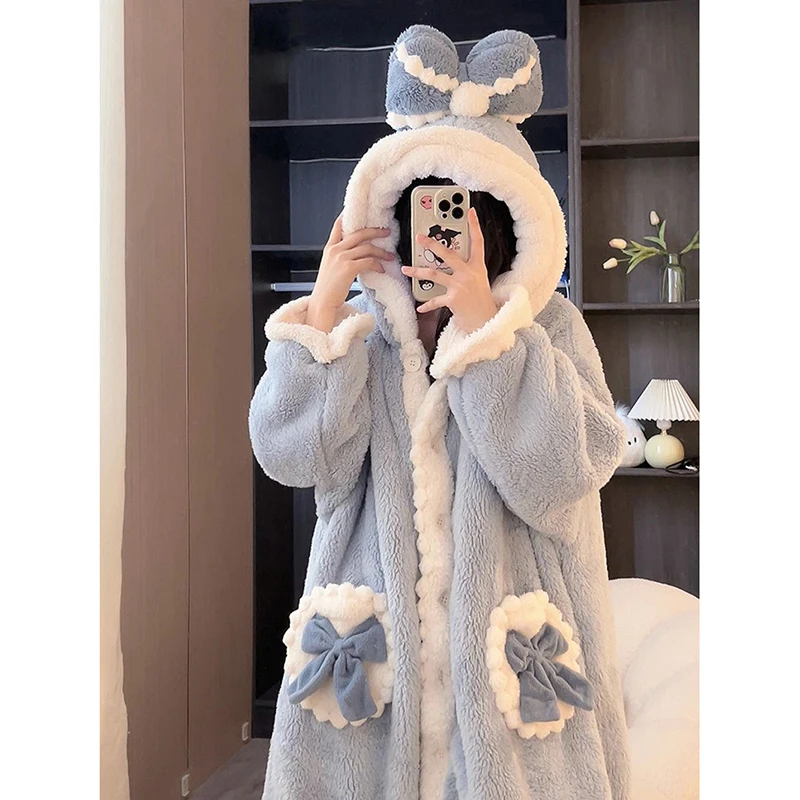 Bow Robe for Women Sleepwear Nightdress Winter Night Wears Cute Fleece Pajama One Piece Nightgown Hooded Long Sleeve Homewear