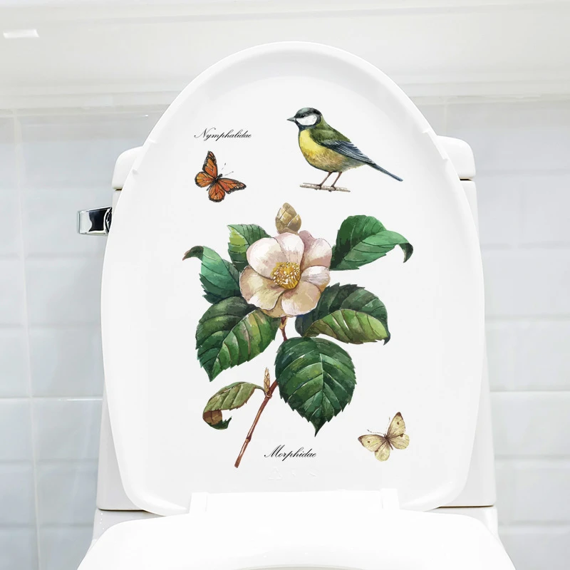 PVC Toilet Lid Decals Bird Floral Daisy Rose Peony Butterfly Pattern Toilet Stool Commode Sticker For Bathroom Self Adhesive 1pc