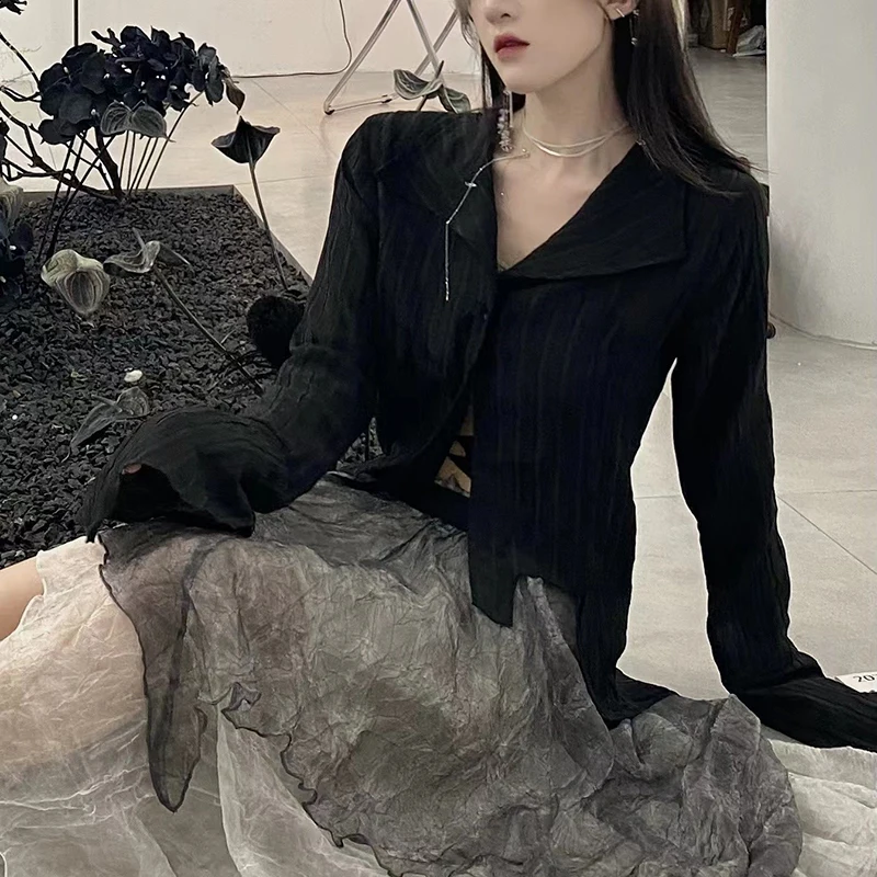 Gothic Women Black Shirts Korean Dark Academic Female Designed Irregular Tops Spring Fashion Streetwear Blouse