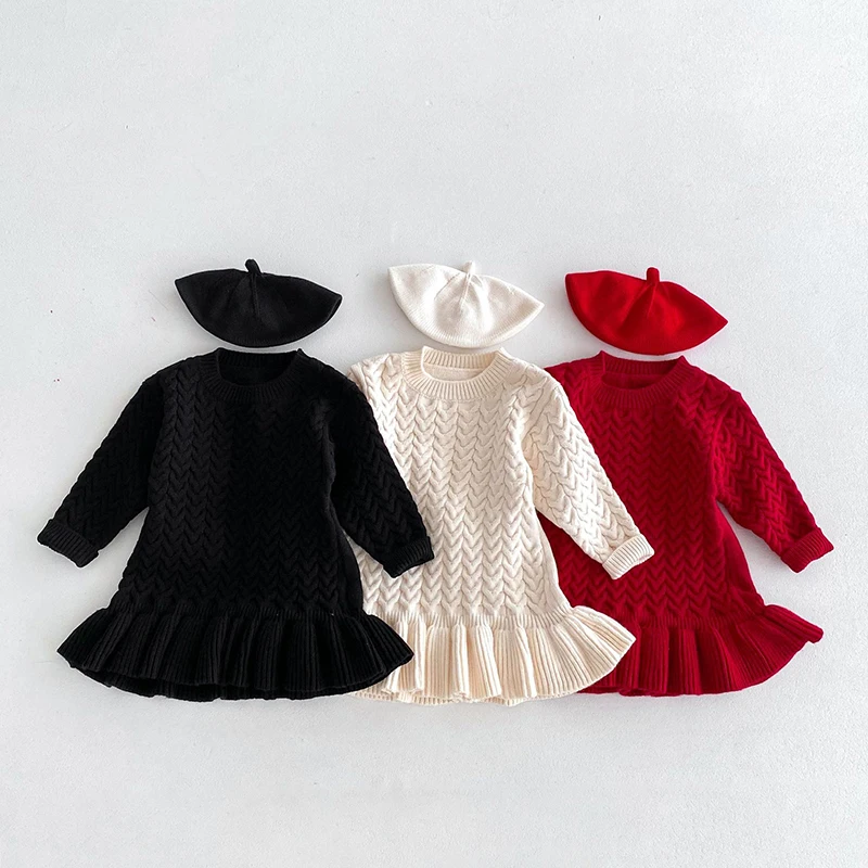 Autumn 1-6Yrs Baby Girls Long Sleeved Solid Color Knitting Dress Kids Princess Dresses Children Knitted Clothes