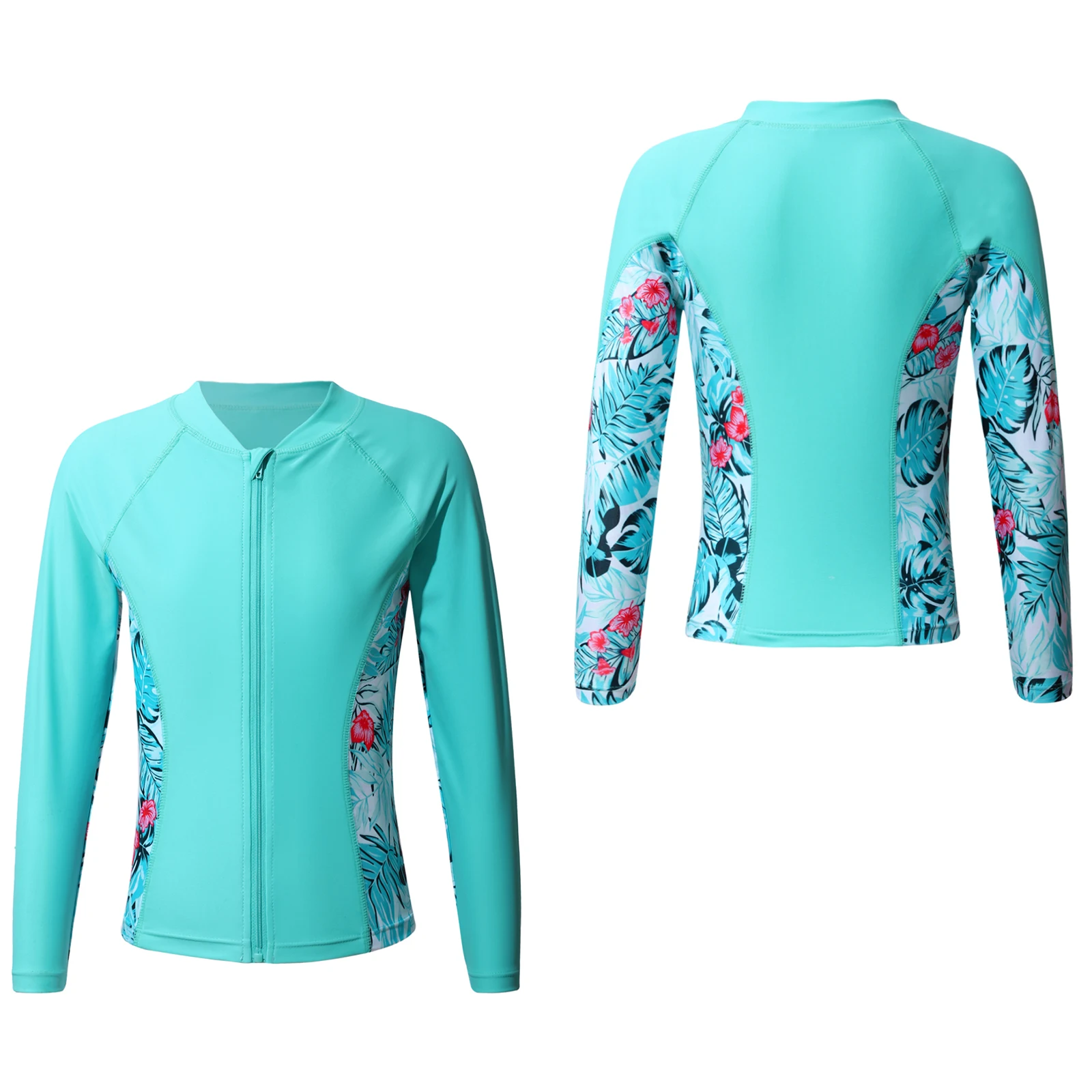 Kids Girls Print Swim Top Long Sleeve Zipper Swim Top UPF 50+ Sun Protection Rash Guard Bathing Top Pool Beach Swimwear