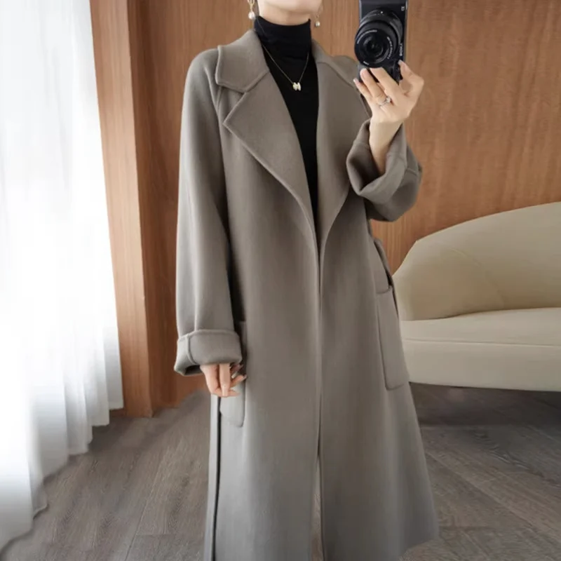 Double-Sided Cashmere Coat for Women, Long Loose Overcoat, Lace-Up Jacket, Female Outwear, 100% Wool, Autumn, Winter, New, 2023