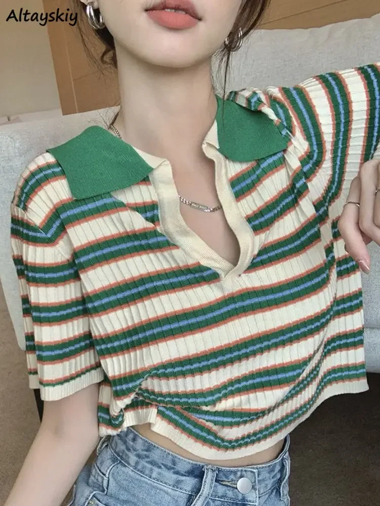 

Striped Knitted T-shirts for Women Crop Tops Summer Girls Korean Style Preppy Fashion All-match Daily Футболка Женский Classic