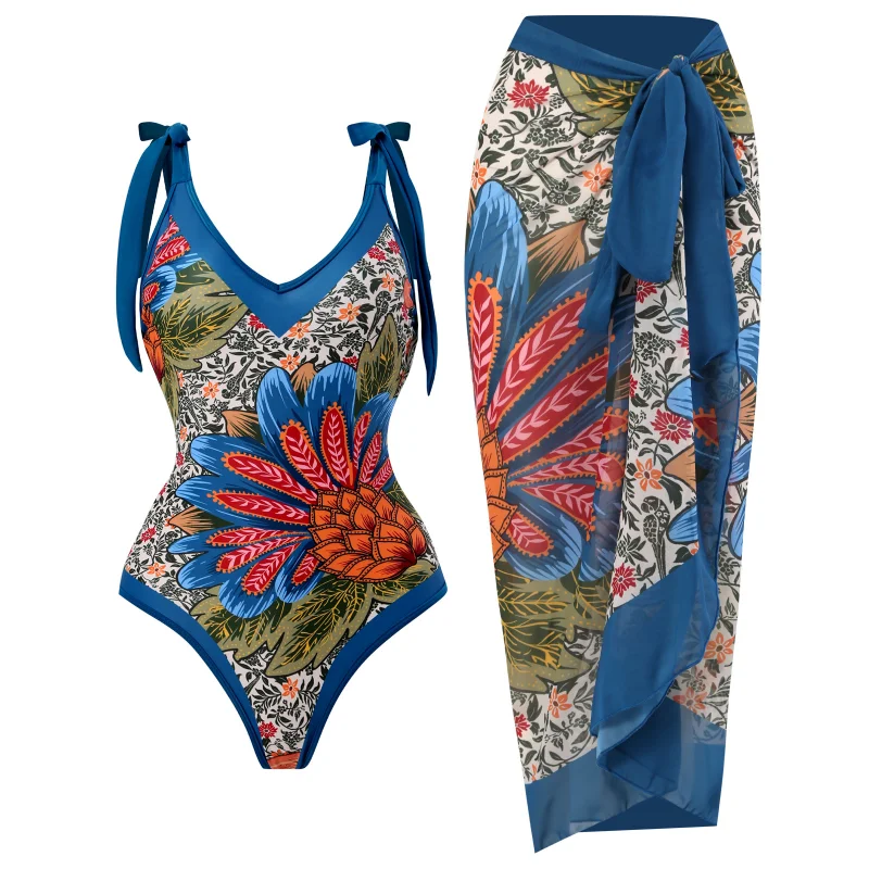 Womens One-Piece Swimwear Printed Chiffon Cover up Beach Sarong Swimsuit Wrap Maxi Skirt Bathing Bikini 2-Piece Set Beachwear