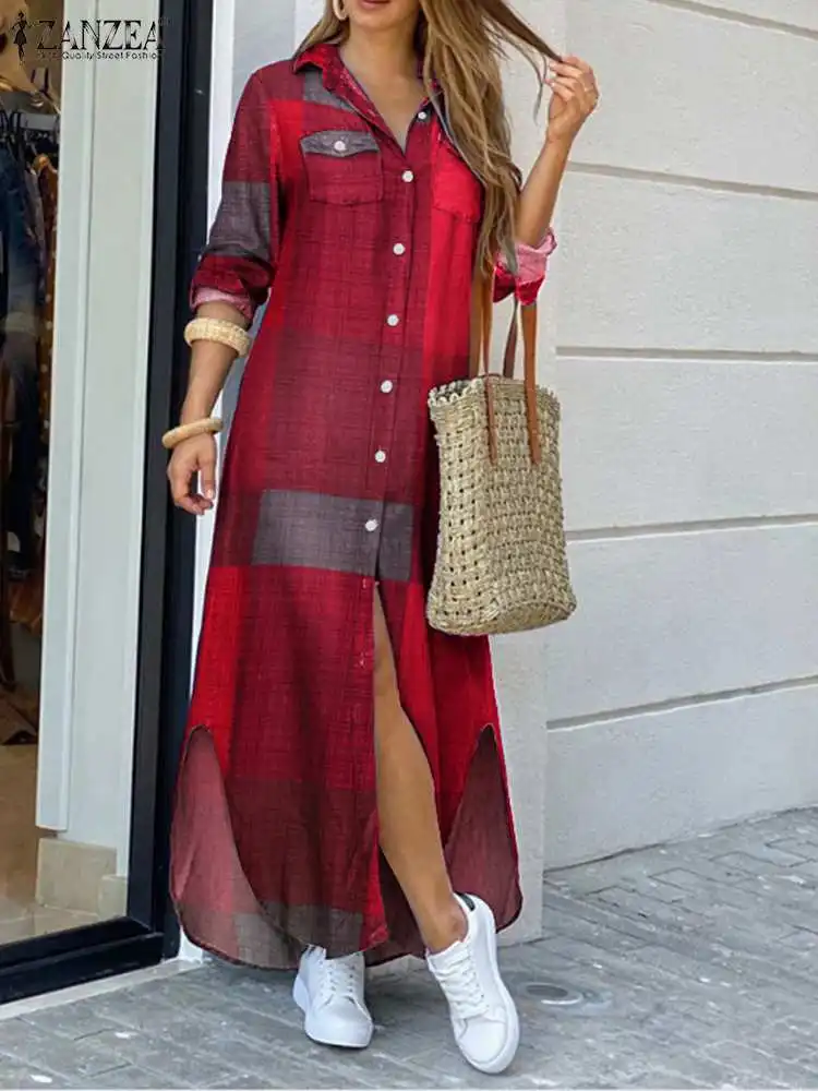 

ZANZEA 2023 Summer Women Button Up Sundress Plaid Half Sleeve Loose Party Shirt Dress Casual Streetwear Vestidos Overszied Robe