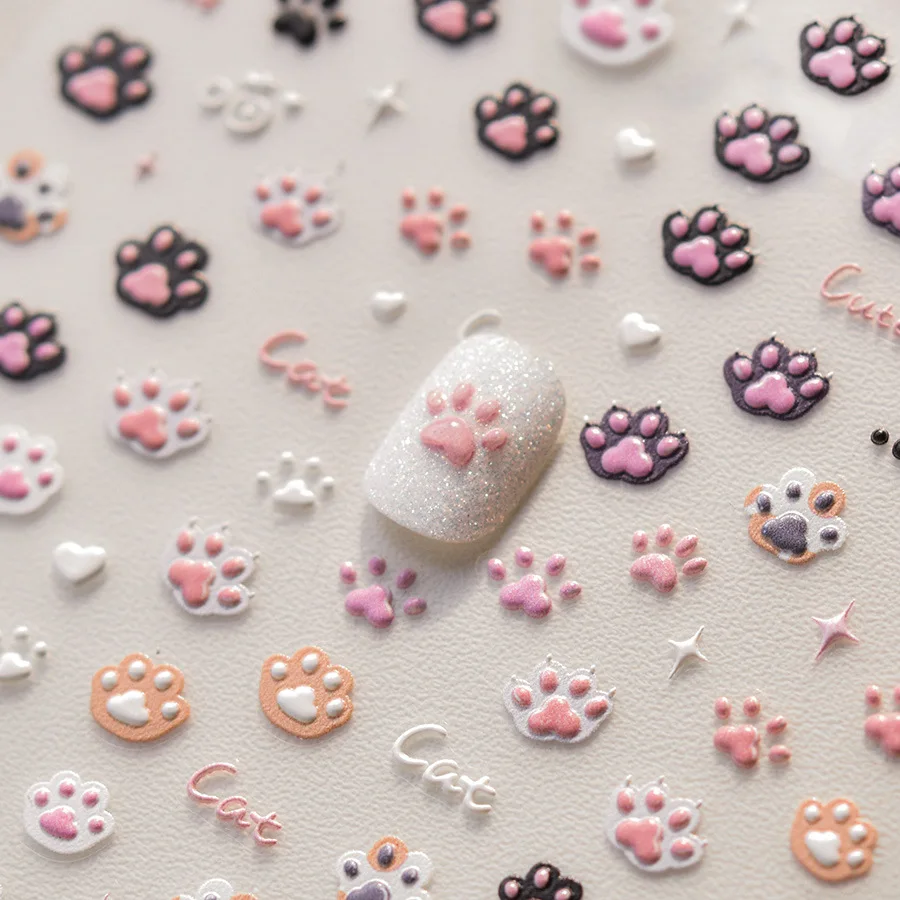 Cute Jelly Pink Cat Paw Print Nail Sticker Kawaii Pink Black Cat Claw 5D Embossed Self-Adhesive Nail Art Sticker Nail Art Decal