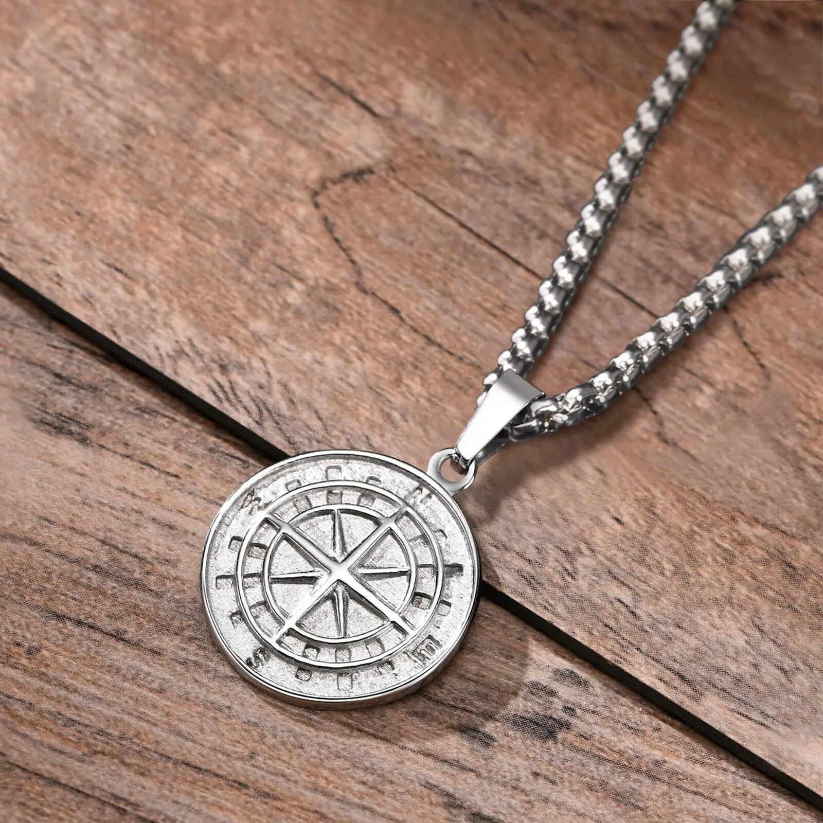 Stainless Steel Compass Pendant Necklace for Men
