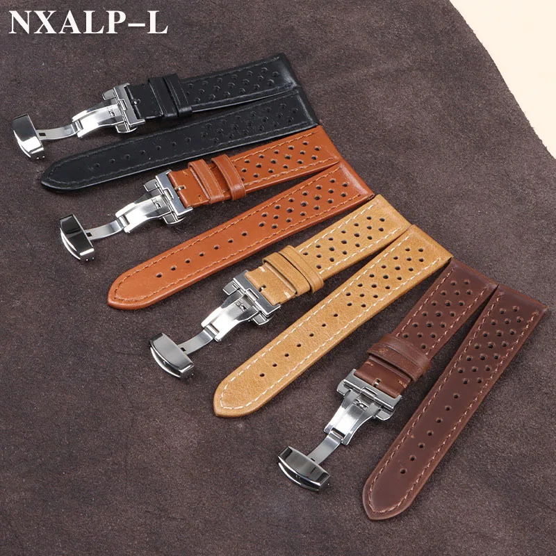 Breathable Cowhide Watch Strap with Matte & Oil Wax Finish and Butterfly Buckle