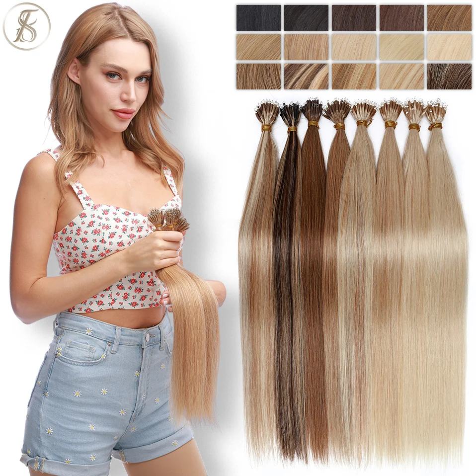 TESS Nano Rings Hair Extensions Human Hair Micro Link 1g/strand Micro Bead 20inch 50pcs Keratin Capsule Straight Natural Blonde human hair extensions