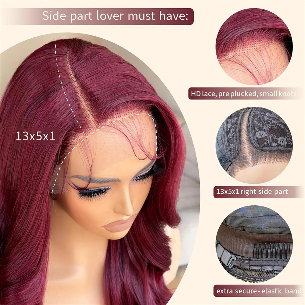 Long Synthetic Body Wavy Wine Red Wig, Burgundy Glueless 13X5X1 Lace Wig For Women, 24 Inches, Daily Party Halloween Cosplay