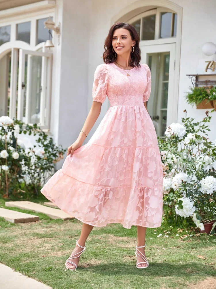 2023NewEuropeanAmericanSummerDressesWomenSolidLaceONeck