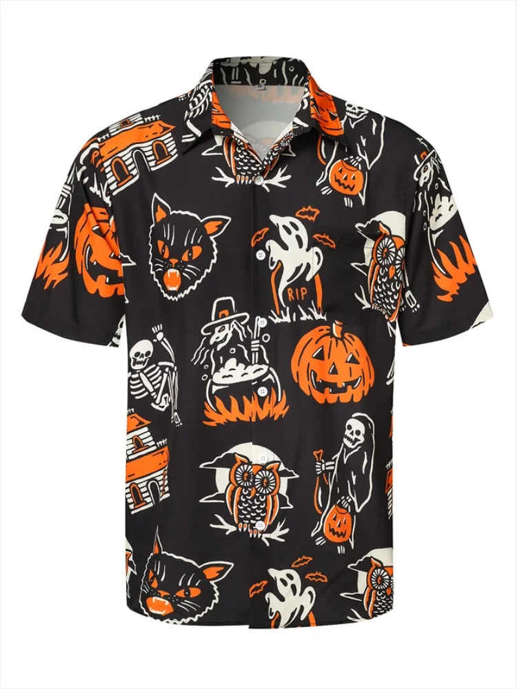 

Chemise homme tendance 2024，Men's Shirt Skeleton Pumpkin Halloween Print Hawaiian Short Sleeve Shirt Fashion Design