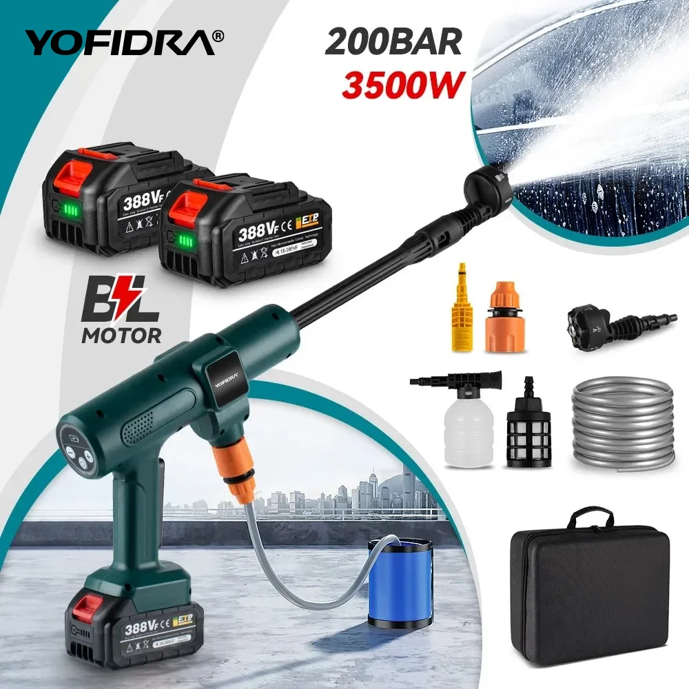 YOFIDRA Brushless Electric High Pressure Washer 200Bar 3500W 6in1 Car Washing Garden Water Spray Gun Compatible with Makita 18V Battery Pin
