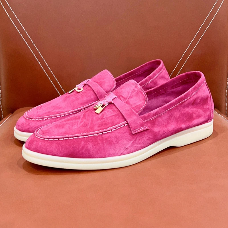 

Trend Women Leisure Shoes Autumn New Metal Lock Decor Wear Resistant Loafers Cow Suede Material Lovers Shoes With Wide Toe