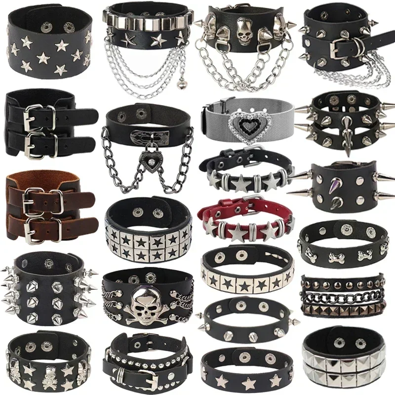 Punk Hip Hop Rock PU Leather Bracelet Unisex Trendy Chain Skull Pentagram Rivet Bracelet Party Jewelry Accessories