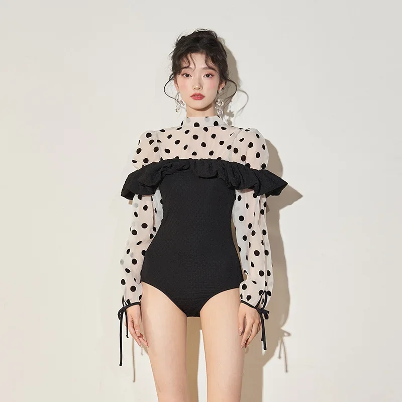 

Korea 2024 New Long-sleeve High Waist One-piece Swimsuit Women Triangle Belly Coverup Thin Conservative Hot Spring Swimming Suit