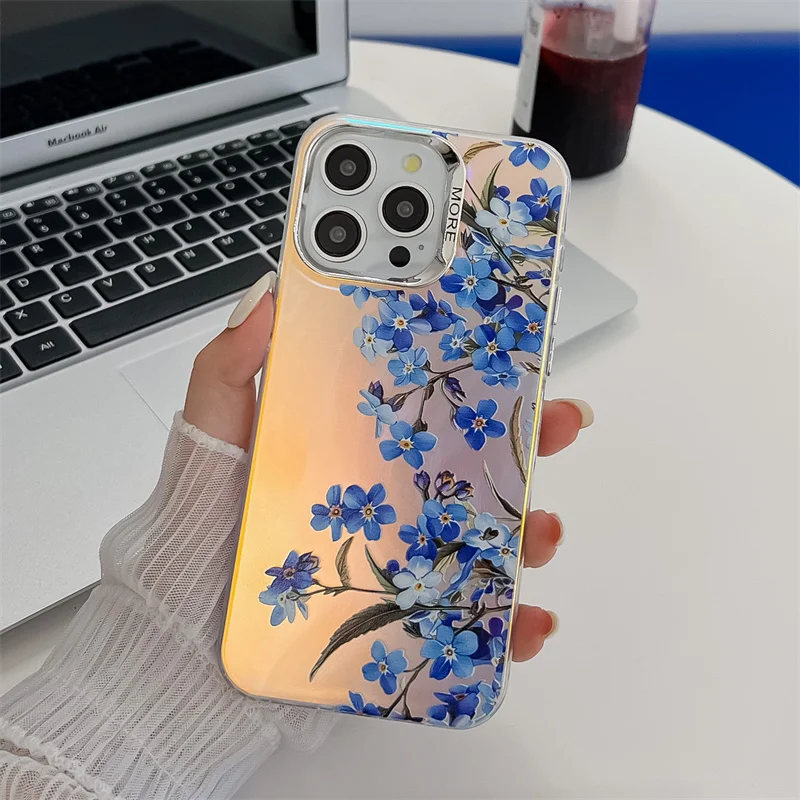 Coque de téléphone de luxe galvanisée à motif de fleur laser pour iPhone 16 15 14 13 Pro Max, coque arrière rigide antichoc en PC mat_voghion.com