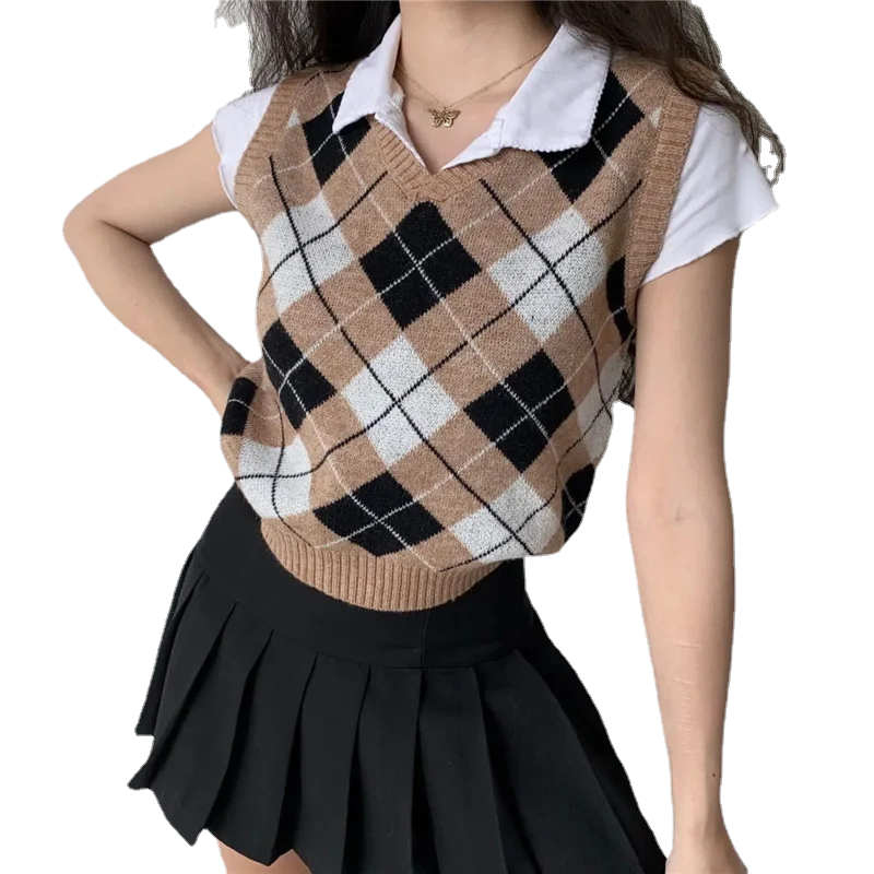 

Vintage Plaid Sleeveless Sweater Vest Women Preppy Style Argyle Print V-Neck Brown Pullover Jumper Femme Blusa De Frio Feminina