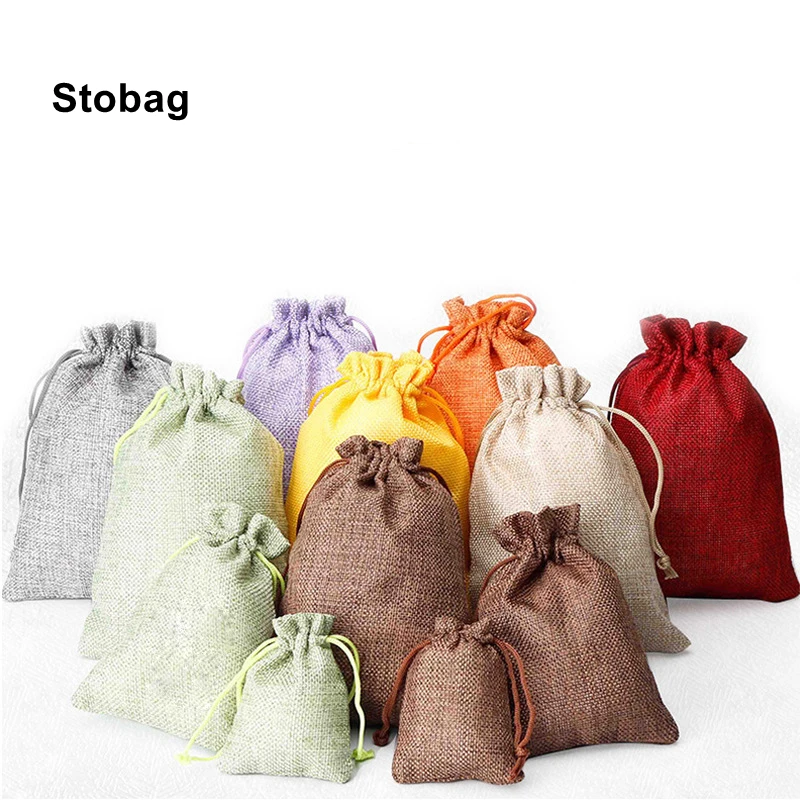 StoBag 10pcs Linen Cotton Bags Small Drawstring Pocket Window Jewelry