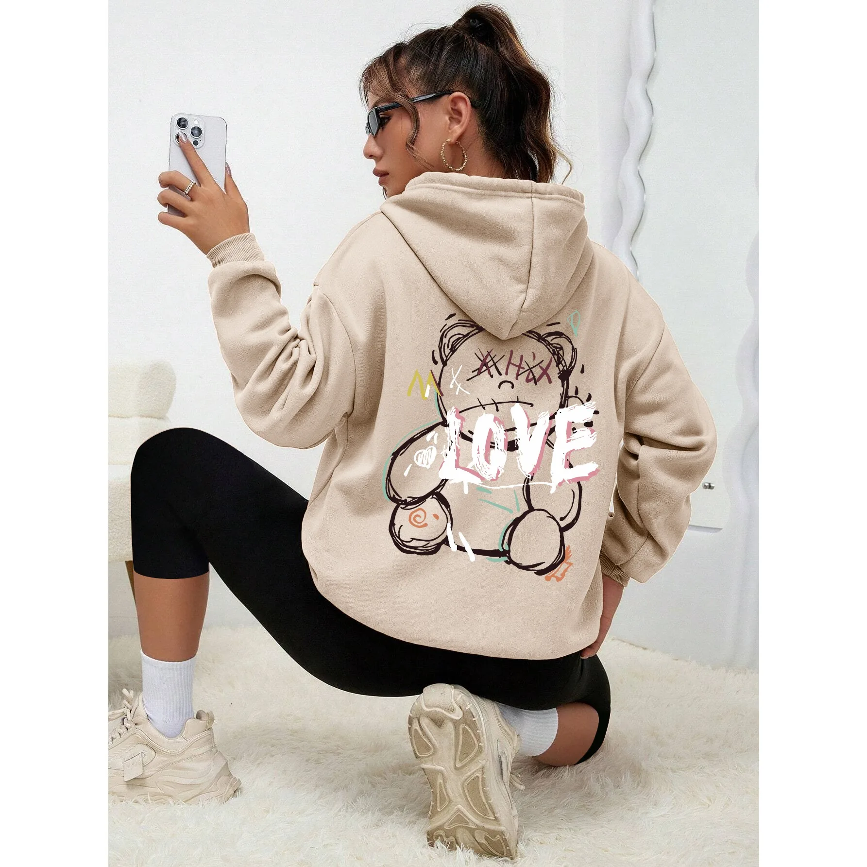 Graffiti Line Bear Simple Print Female Hoody Harajuku S-3xl Sweatshirt Fashion Casual Street Hooded Autumn Warm Streetwear Women