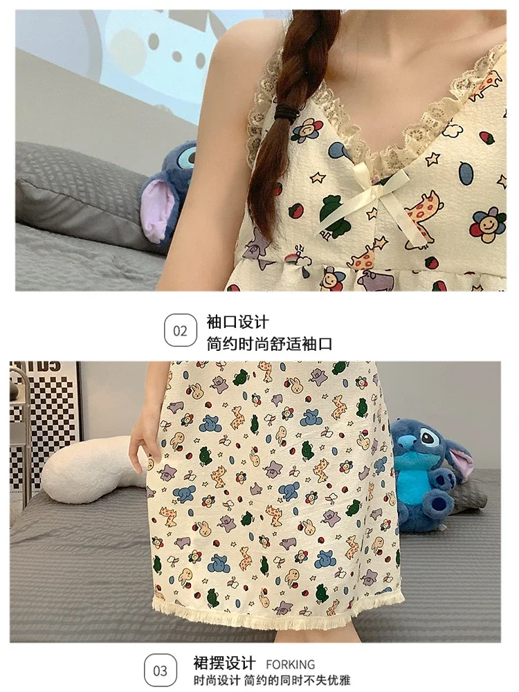 5XL Plus Size Summer Sweet Sleepwear Women Sleeveless Sleep Dress with Cheat Pad Cartoon Nightgown Teenage Student Loose Pajamas