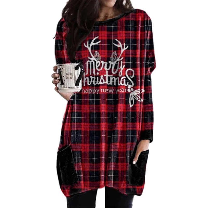 

All-match Dress Ladies Christmas Elk Print Plaid Casual Long-sleeve Pocket Female Round Neck Loose Dresses Pullover