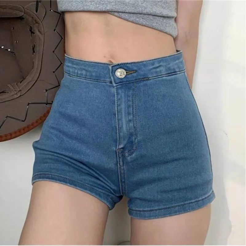 American Style Sexy Summer Denim Shorts Women Solid Color High Waist Zipper Trendy Casual Bodycon Cowboy Elastic Bag Hip Shorts