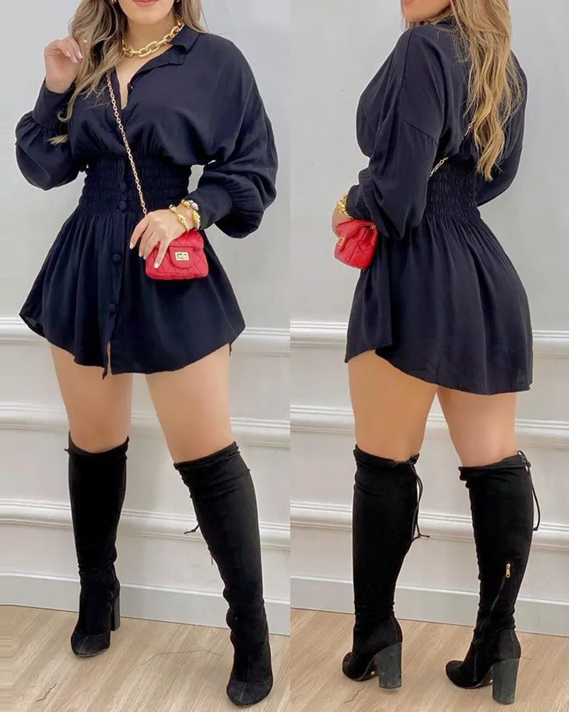 Fashion Women Casual Solid&Letter Waistband Letter Print Shirred Lantern Sleeve Buttoned Shirt Dress Women Clothing