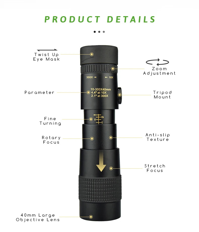 S153d80bcd1634c46ae10d527c9ac2804b Zoom monokularowy teleskop wysokiej mocy 10-300x40mm HD ulepszony przenośny ze statywem i uchwytem na telefon do obserwacji ptaków polowania na kemping