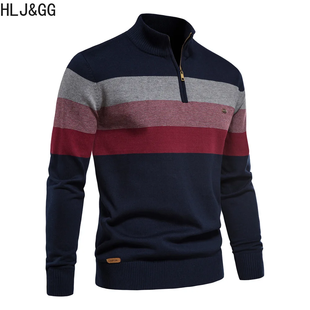 HLJ&GG Fashion Men's Patchwork Pullover Sweater Casual Mans Zipper Mock Neck Sweater Autumn Winter Warm Sweaters for Male New