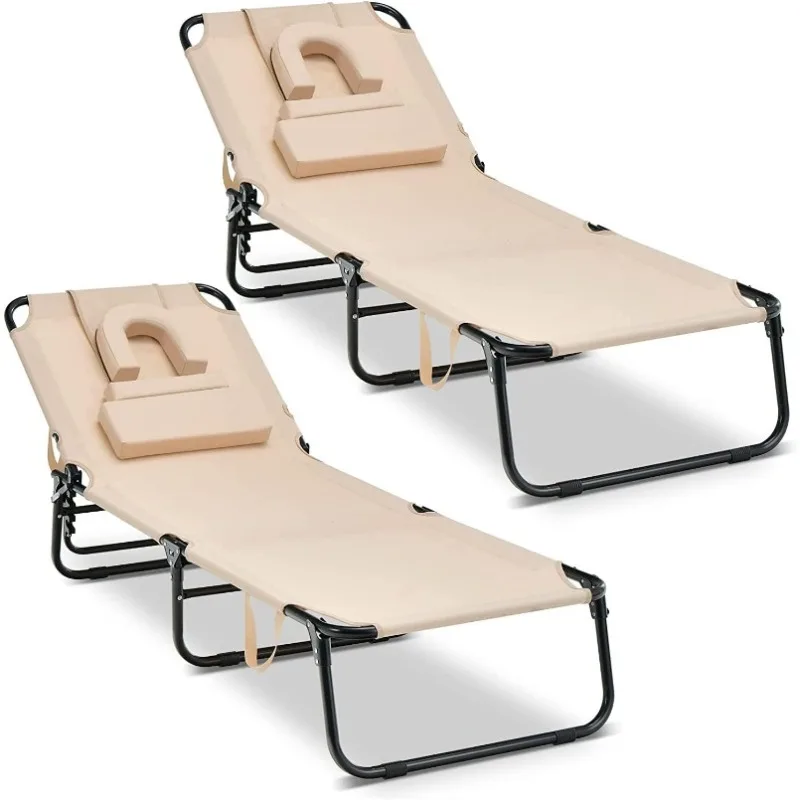 

Folding Beach Lounge Chair, Removable Pillow, 350LBS Capacity,5-Position Adjustable Sunbathing Chair, Portable Lounge Chair