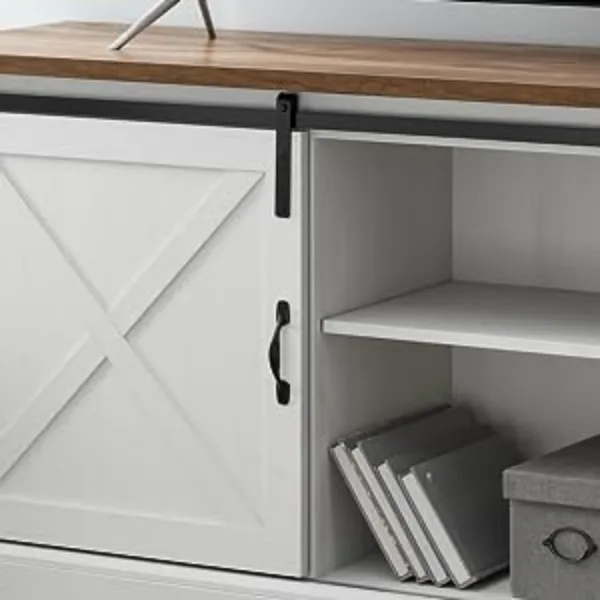 farmhouse entertainment center tv stand 80+ inch tv storage sliding barn door low bookshelf