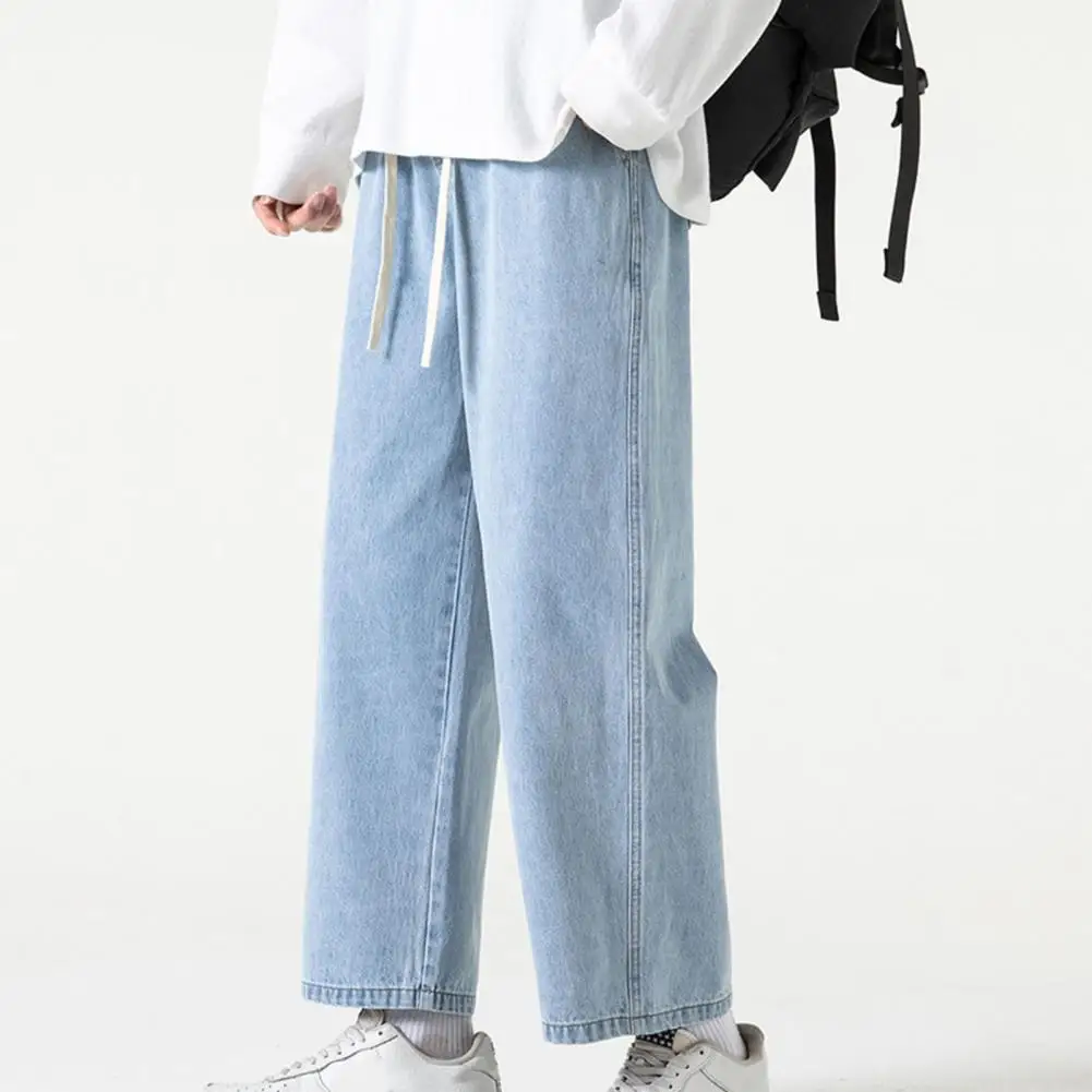 

Adjustable Waistline Denim Pants Retro Wide Leg Men's Jeans with Drawstring Elastic Waist Soft Breathable Fabric for Comfortable