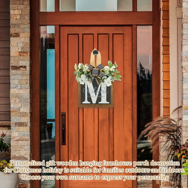 Vezetéknév A Bejárati Ajtó Koszorú Kreatív Üdvözlő Jel Rusztikus Levél Parasztház Csokornyakkendővel És Eukaliptusz Koszorúval - Image 5
