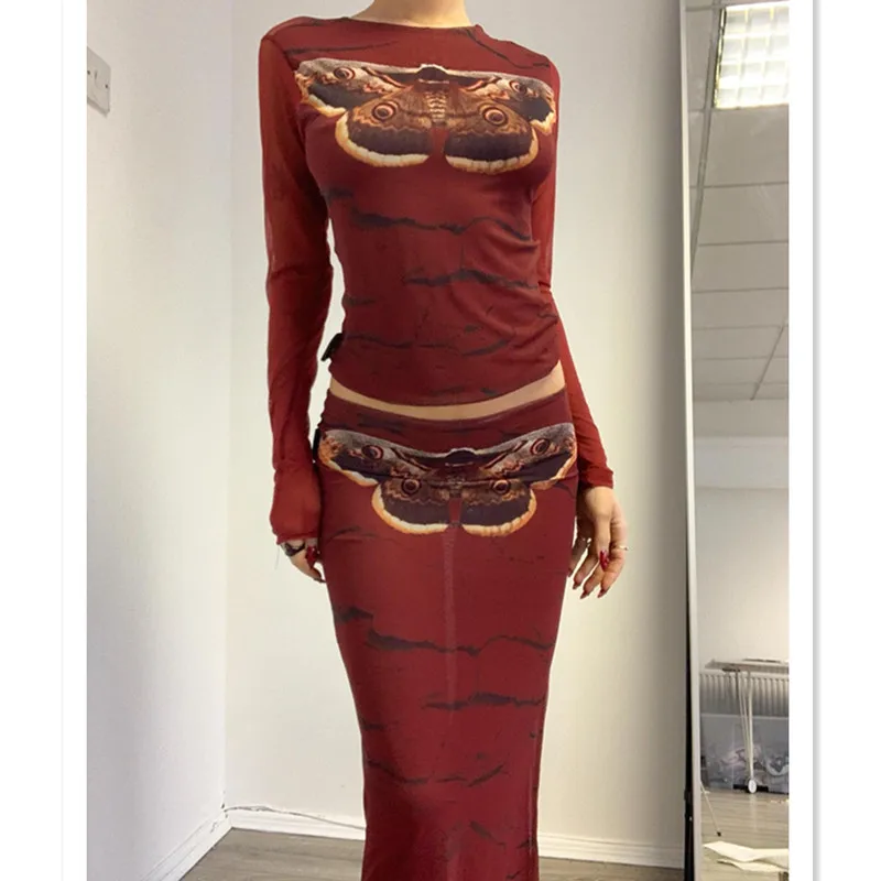 

Musuos Women Skirt Suit Retro Printed Patterns Crew Neck Long Sleeve Tops+Wrapped Skirts Sexy Summer Autumn Outfits S M L