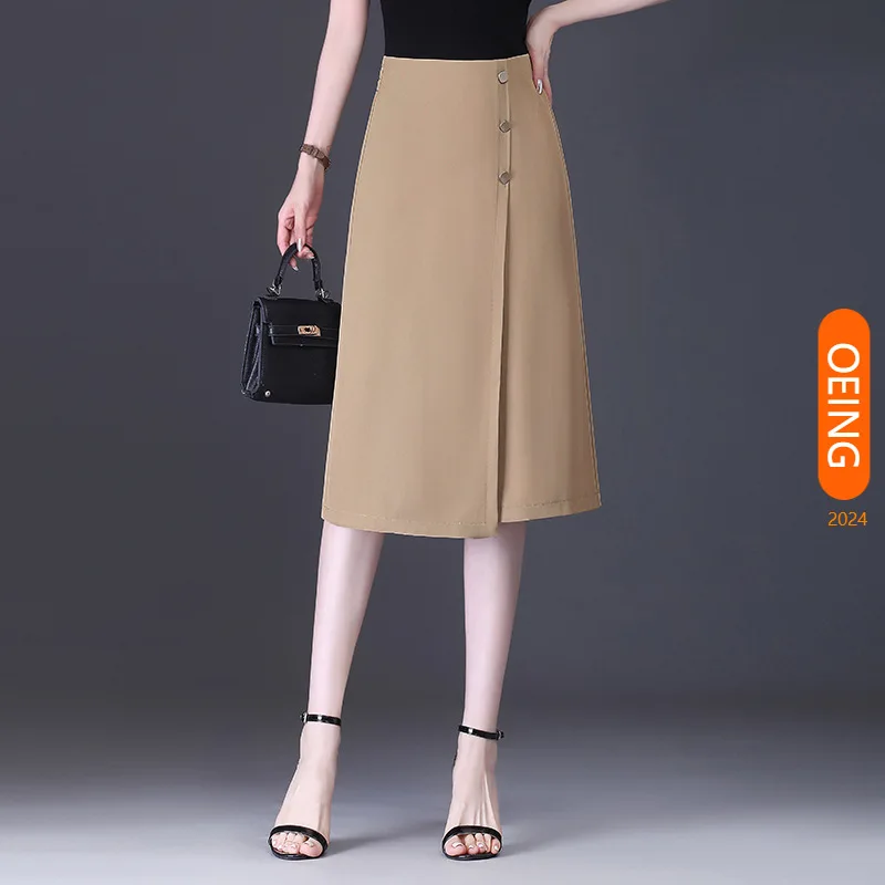 

2024 Summer Thin High Waist Simple Spliced A-line Khaki Black Bodycon Skirt Women Elegant Chic Slim Fit Casual Midi Skirts 33107