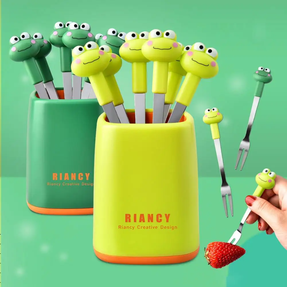 1 Set Stainless Steel Fruit Fork With Storage Box Cartoon Shape Animal World Theme Kids Dessert Kids Toothpick For Dining Room