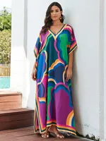 Plus Size Women's Loose Fit Moroccan Print V-Neck Batwing Kaftan Beach Dress Bathing Suit Cover Up - Image 3