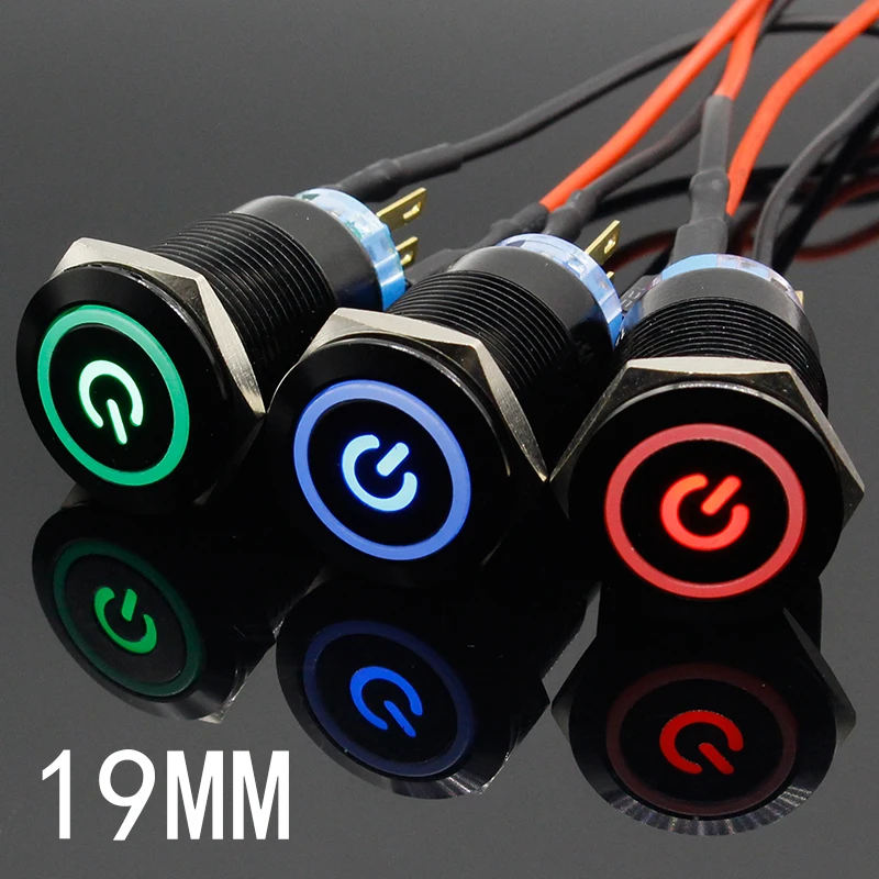 19Mm Metallo Allumina Nero Pulsante Led Indicatore Di Potenza Pulsante Lampada Interruttore A Pulsante Di Controllo Momentaneo/A Scatto 5V 12V 24V 220