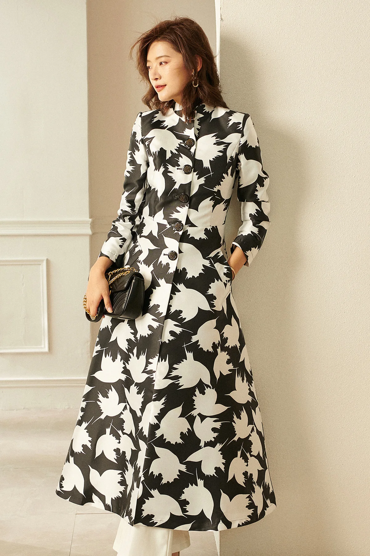 Luxury Trench Women Autumn Winter Jacquard Coat Houndstooth Long