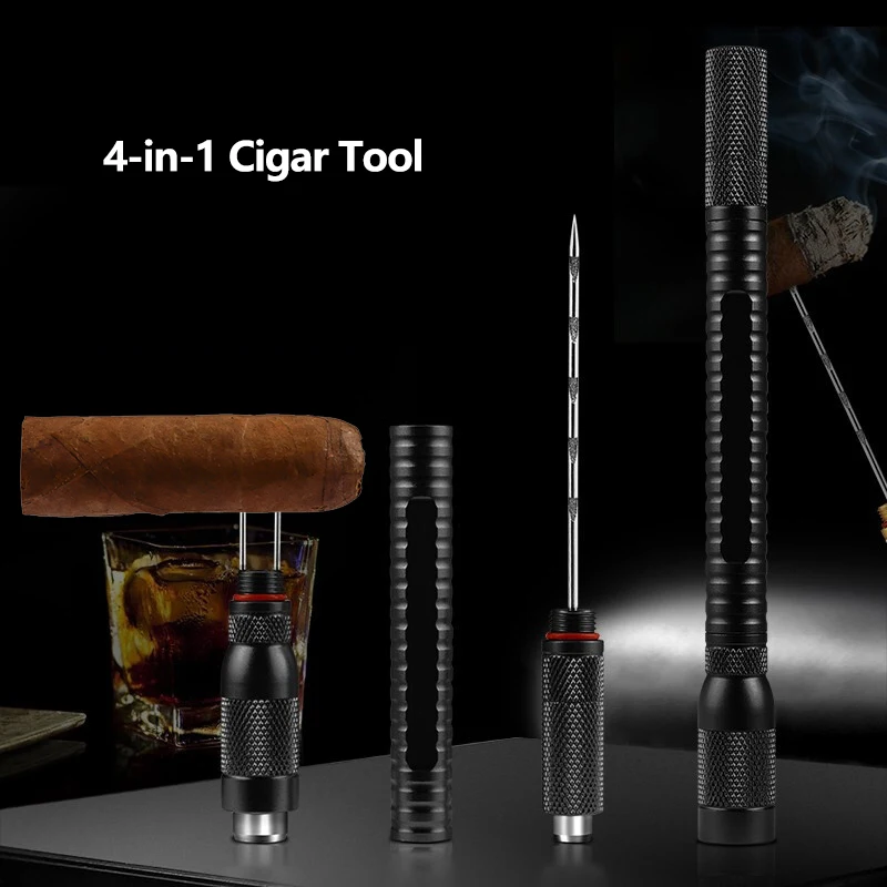 4 In 1 Cigar Cutter Punch Needles Portable Cigar Accessories Tools aluminum alloy Gadget Dredge Drilled Draw Enhancer Tool cigar cutter cigar tools