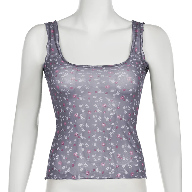 Camiseta sin mangas de malla transparente con estampado floral para mujer, camiseta de verano ajustada Y2K con cuello cuadrado vintage, camiseta sexy de moda